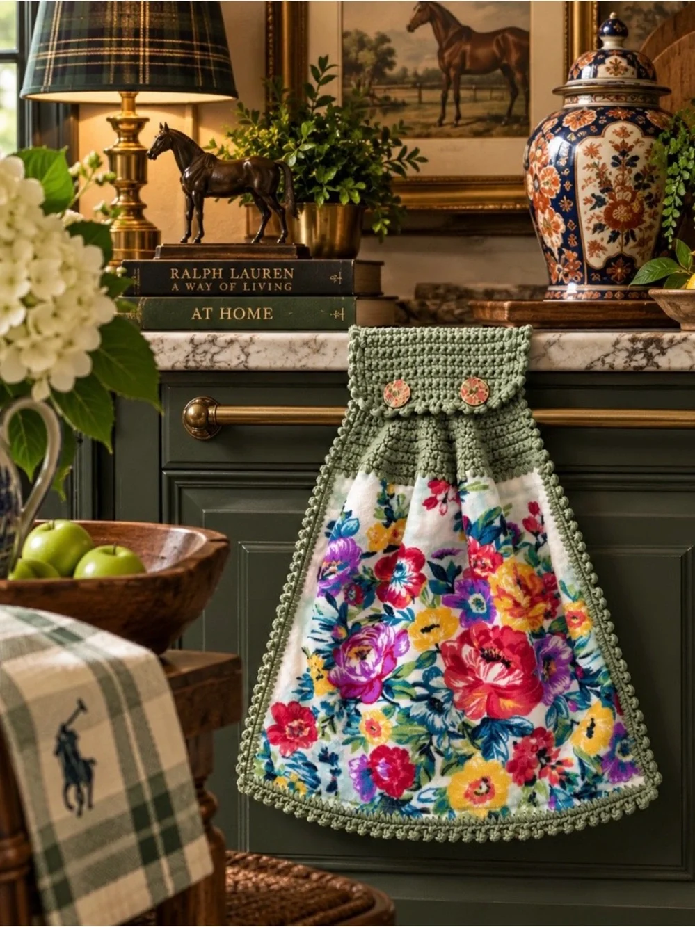 Pioneer Woman Floral Sage Green Crochet Hanging Kitchen Towel